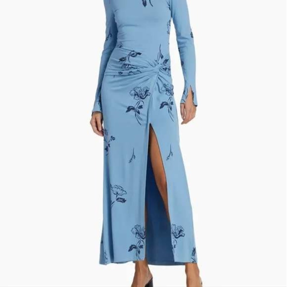 Free People Love and Be Loved Blue Floral Print Long Sleeve Maxi Dress Slit NWT - Picture 10 of 11